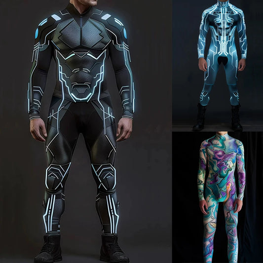 S-4XL Men Mechanical Robot 3D Anime Jumpsuit Halloween Carnival Party Cosplay Costume Male Long Sleeve Stretch Tights Bodysuit
