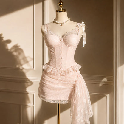 Sweet Coquette Sexy Light Pink Lace Ruffle Cami Top & Asymmetric Bodycon Skirt 2 Piece Set For Women Girls Club Party Daily Wear