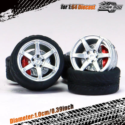 Kicarmod 1/64 Model Car ABS Wheels with Rubber Tire Brake Disc Refitting Parts Diameter 10mm For Model Car Tomica