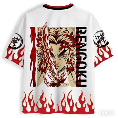 Demon Slayer Kyojuro Rengoku Flame Hashira Oversize V-Neck Jersey Unisex Streetwear Daily Casual Outfit T-shirt for Anime Fans