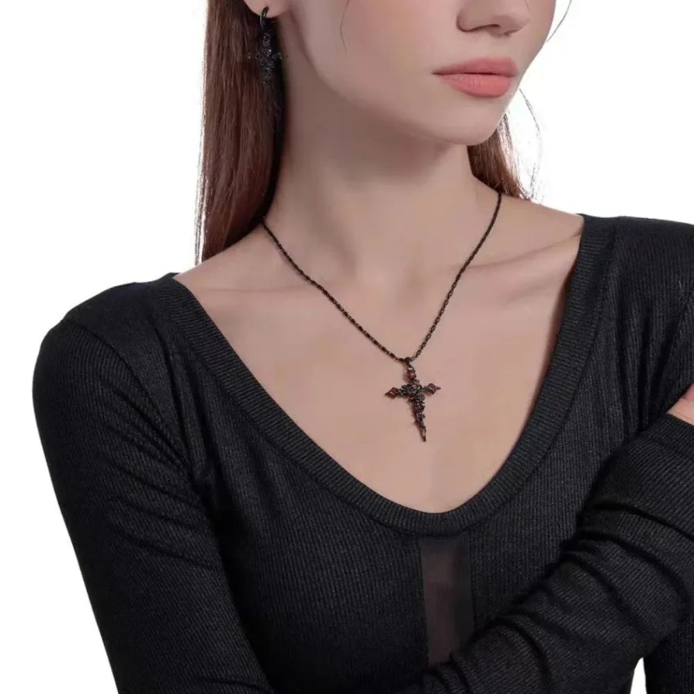 Punk Thorn Rose Cross Earrings Sweet Cool Dark Style Earring Pendant Necklace Party Halloween Jewelry