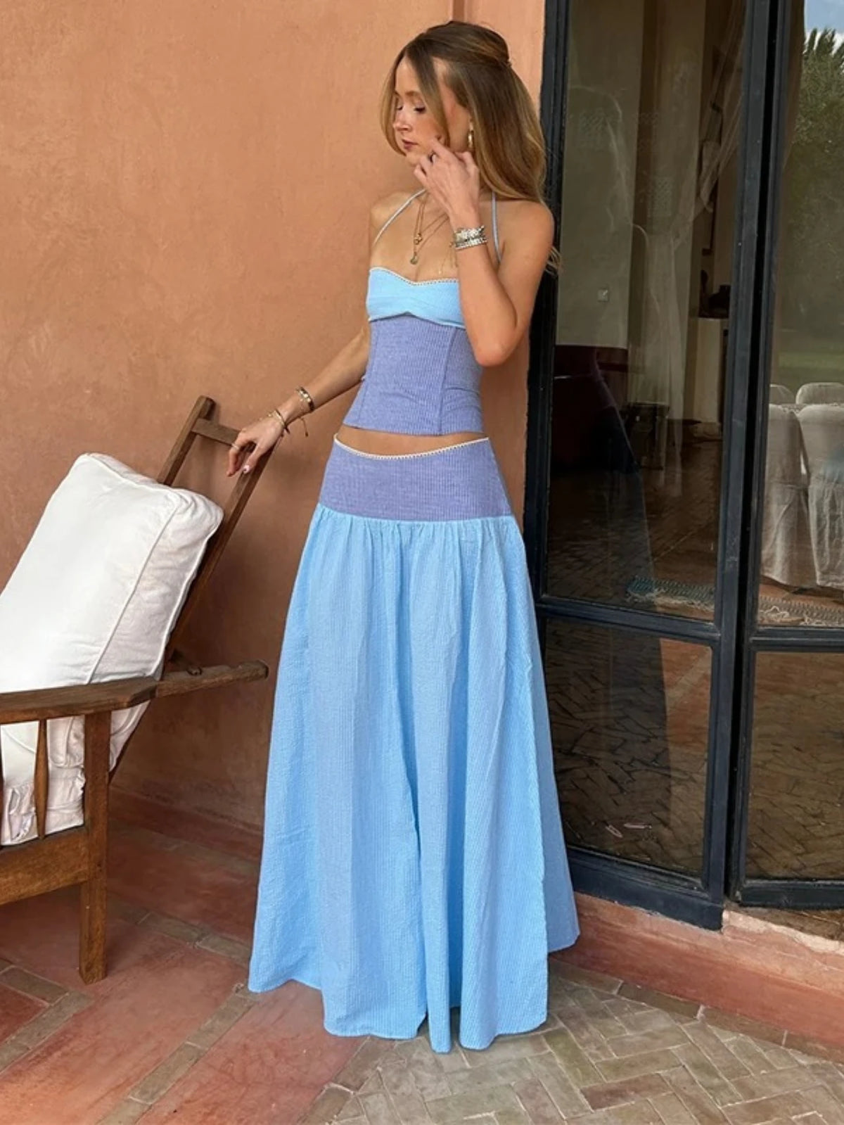 Chic Striped Women's Tank Top Pants Two Piece Set Elegant and Sexy Color blocked Slimming Strap Top Loose Long Skirt Women's Set