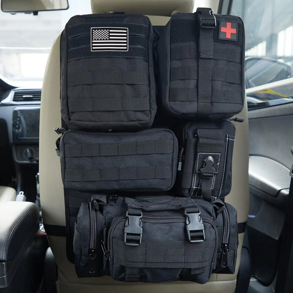 Tactical Car Seat Back Organizer Tactical Vehicle Panel Organizer with 5 Detachable Molle Pouches Universal Fits Most of Vehicle