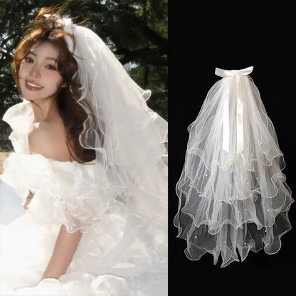 New Four-layer Bridal Veil Soft Tulle Curled Wedding Veils White Pearl Bow Ribbon Bride Head Gauze Wedding Accessories