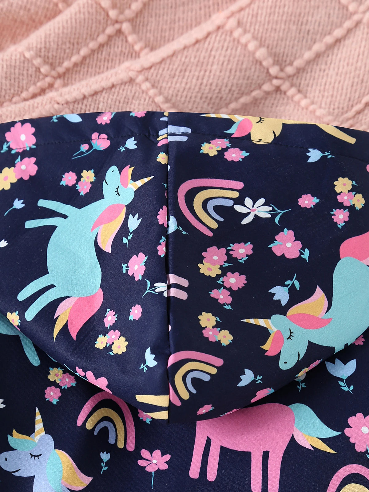 Autumn And Winter Girls' Unicorn Flower Printed Jacket With Plush Insulation Long Sleeved Casual Hooded Jacket
