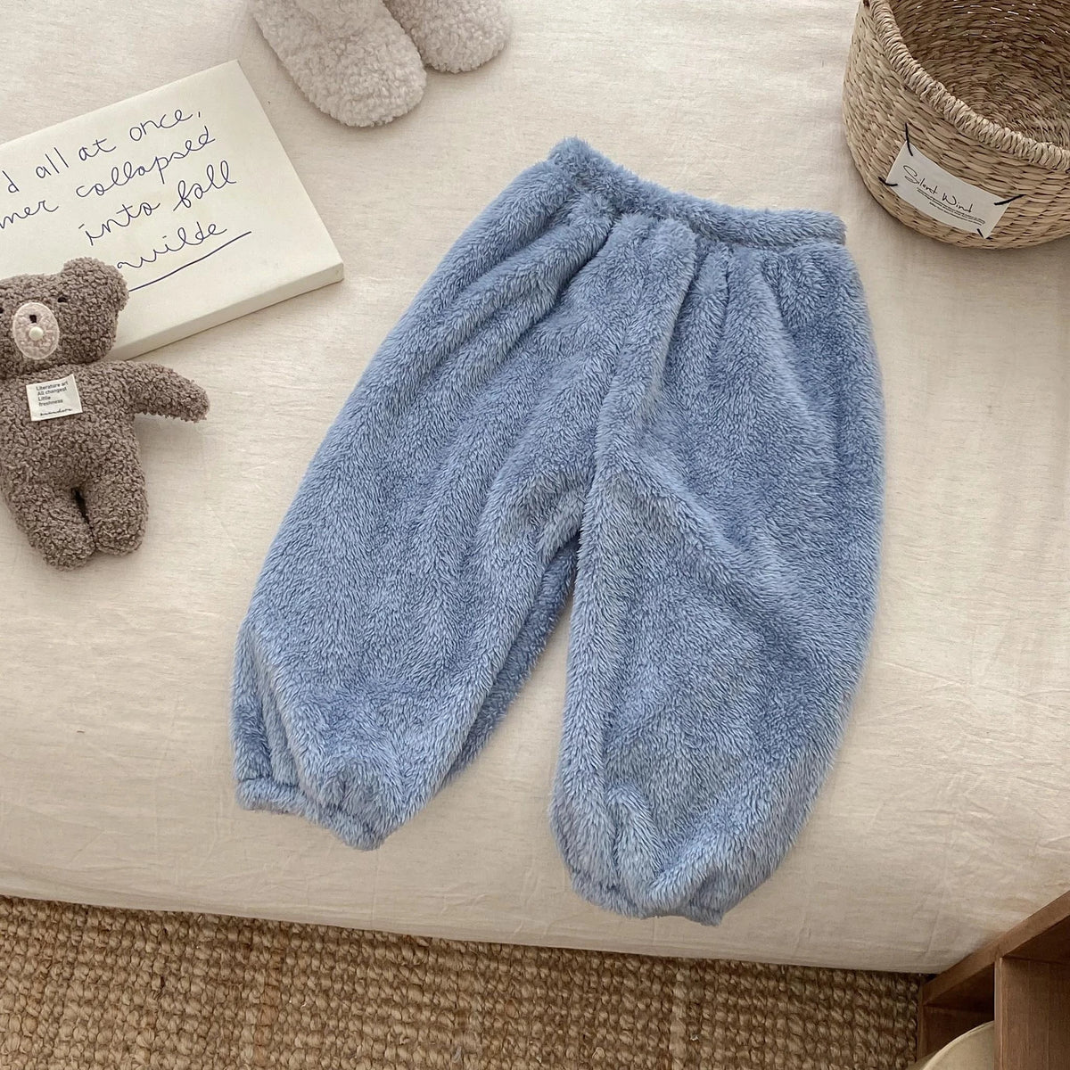 Solid Color Simple Casual Trousers Children's Home Clothes Autumn Winter Warm Plush Long Pant Baby Girls Boys Clothing Pants