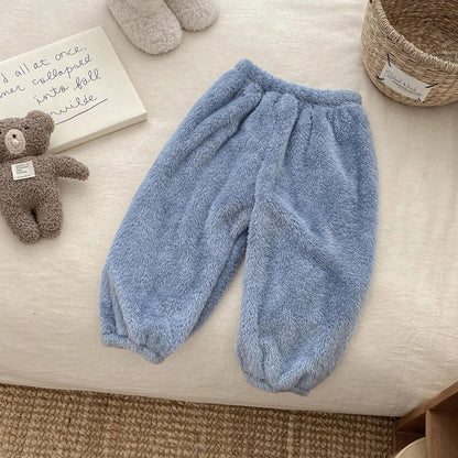 Solid Color Simple Casual Trousers Children's Home Clothes Autumn Winter Warm Plush Long Pant Baby Girls Boys Clothing Pants