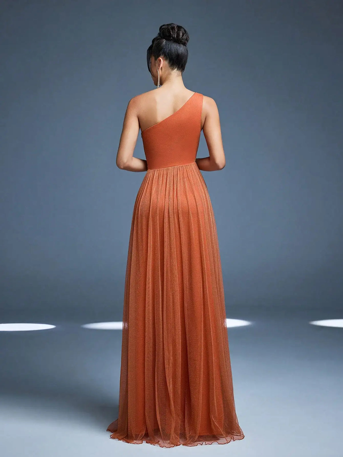 One Shoulder Solid Color Brides maid Dress perspective High slit Mesh Long dress