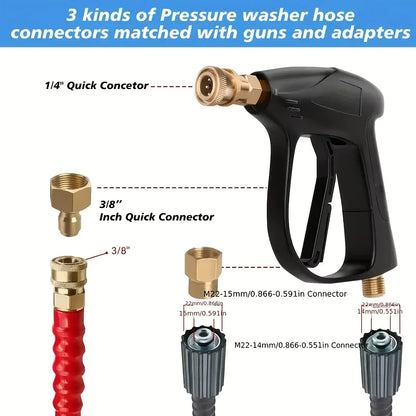 High Pressure Washer Gun, 1/4" & 3/8" Quick Connect, M22-14/15mm, Equipped with 5 Multi-angle Nozzles, Universal Professional