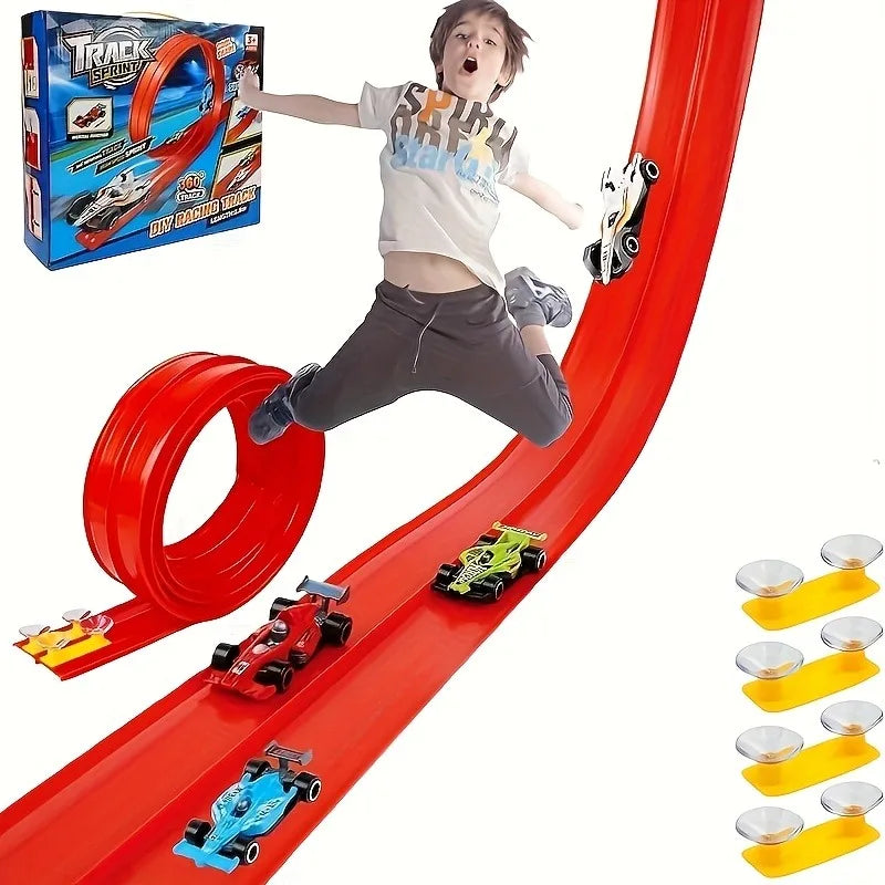Parent Child Interactive Racing Car Flexible Track Roll Up Double Track Suction Cup Screen Free Educational Kids Gift