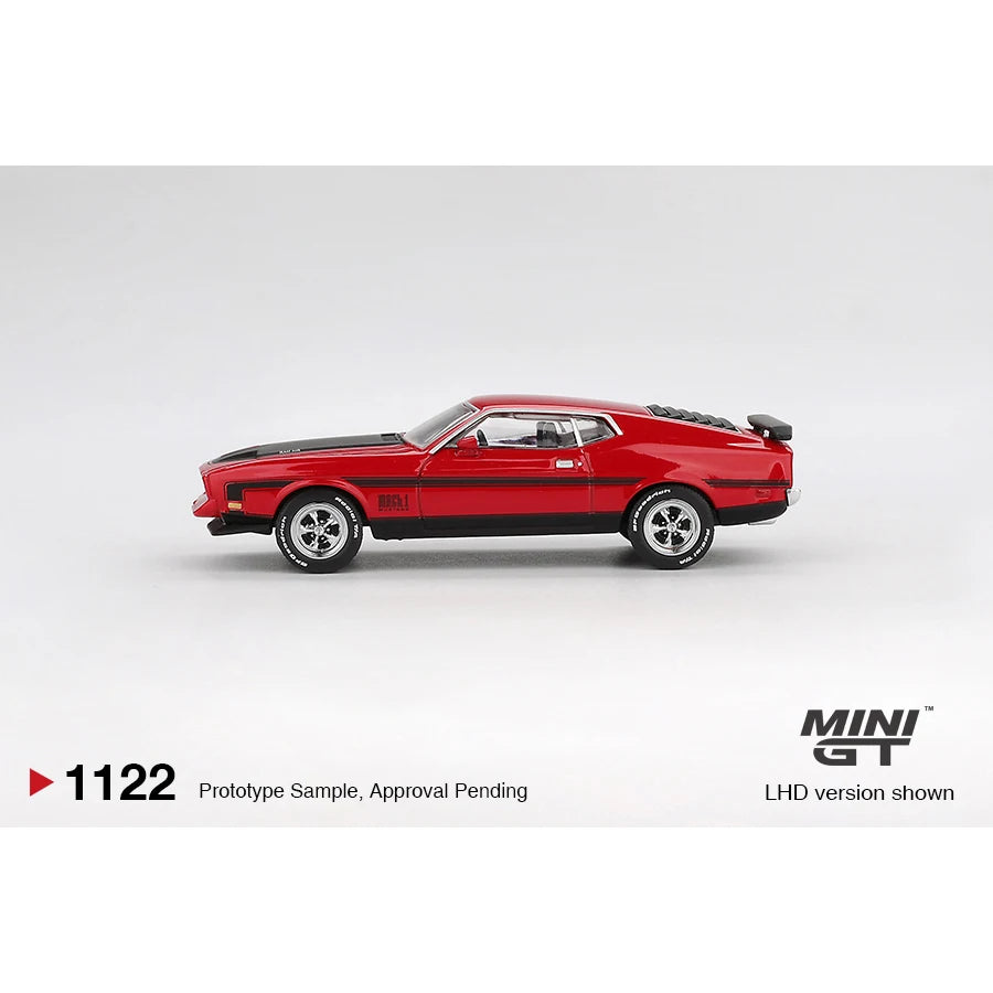MINIGT 1/64 Ford Mustang Mach1 1971 Race Red Super Car Model Car Vintage Cars Diecast Vehicle Collection Model With Display Case