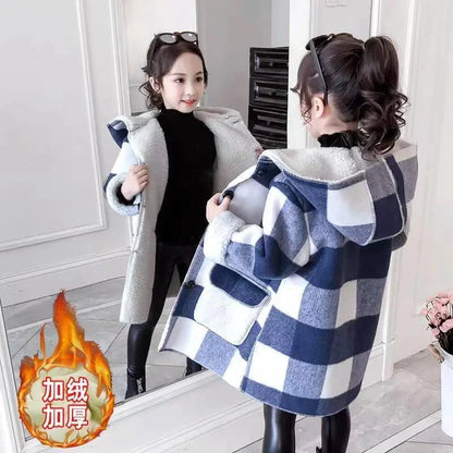 Winter Girls Lamb Fleece Coat Warm Hooded Outerwear Fashion Woolen Long Coat Children Clothing Teeange Girls Jackets 4-12Y