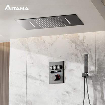 Luxury Black Brass Thermostatic Shower System Wall Mounted Design Hot & Cold Water Bathroom Ceiling LED Digital Display Faucet