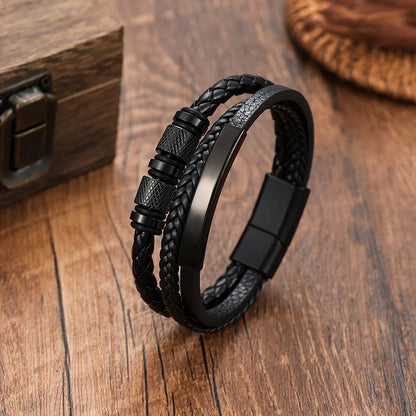 Chunky Leather Bracelets for Men Boys,Multi-layer Bracelets with Stainless Steel Bend Tag,Casual Jewelry Gift to Father Husband