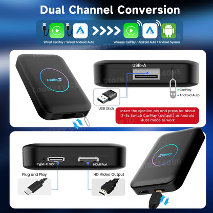 2026 CarlinKit HDMI Android Ai Box Wireless Carplay Android Auto For Youtube Netflix IPTV 5 IN 1 WIFI 5GHZ USB A Plug And Play
