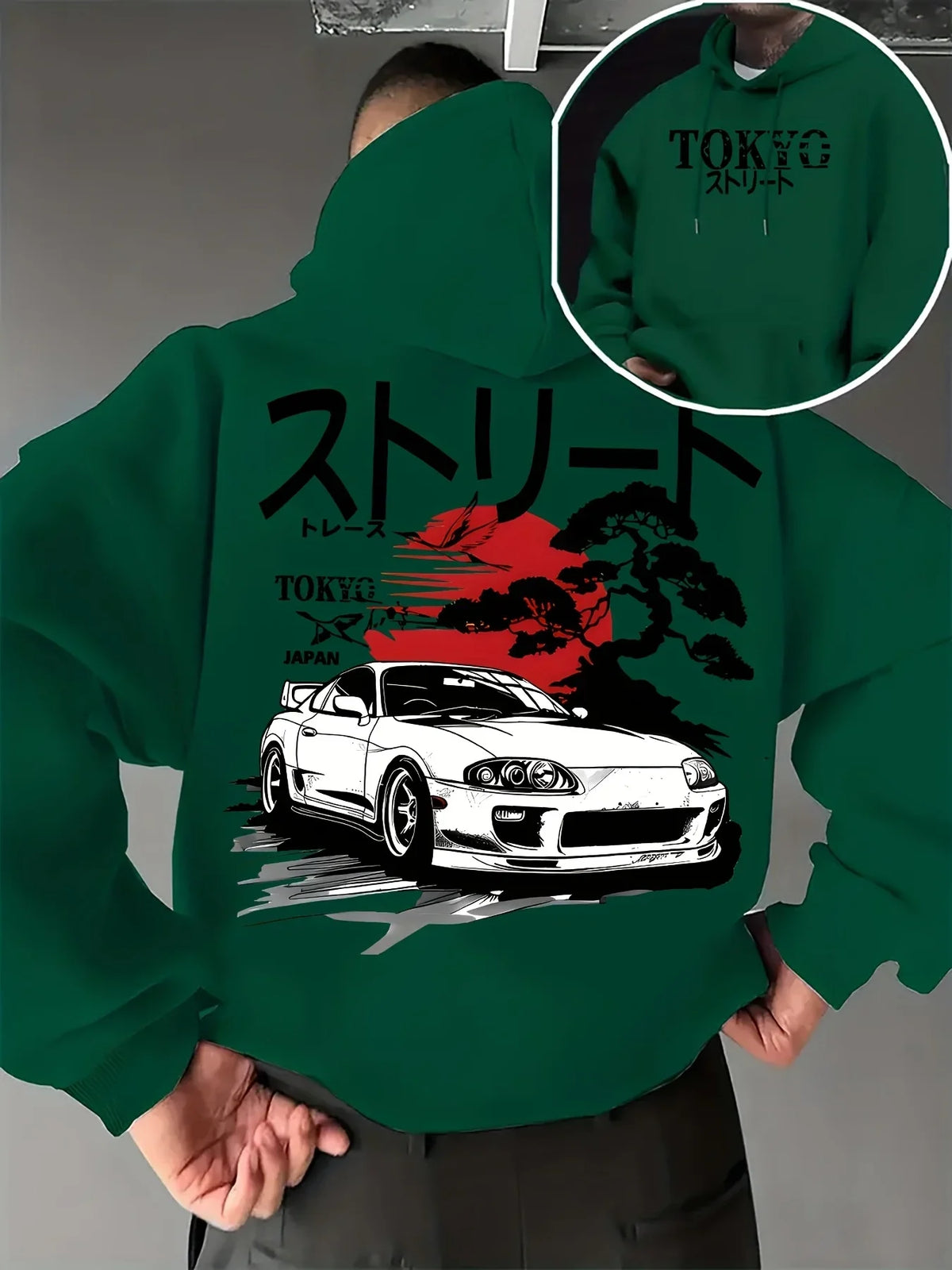 Men Oversized Hoodie JDM Supra Car TOKYO Japan Bonsai Sun Print Pullover Sweatshirt Autumn Winter Japanese Harajuku Street Tops