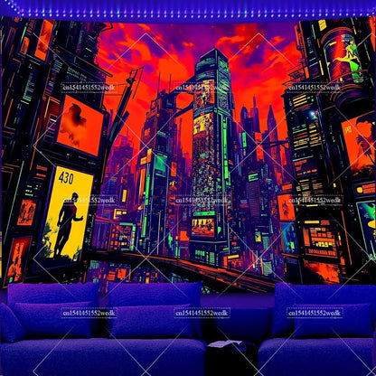 Glow In The Dark Urban Landscape Blacklight Tapestry UV Reactive Street Scene Neon Tapestrys Aesthetic Fluorescent Tapestries