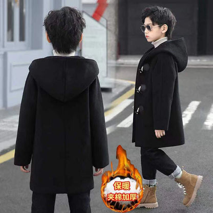 2023 New Boy Wool Coat Winter Fashion Hooded Jacket Solid Single-Breasted Plus Cotton Warm Outerwear Children High Quality Parka