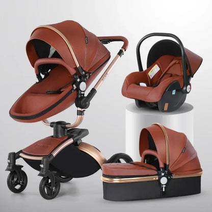 Baby Stroller 3in1 Two-way High Landscape Baby Carriage PU Leather Foldable Shock-absorbing Eggshell Stroller 2in1