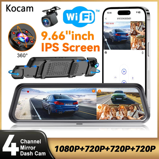 4 Channel RearView Mirror Dash Camera for Cars 360° Record Car DVR Interior Camera WIFI APP 1080P Night Vision 24H Park Monitor
