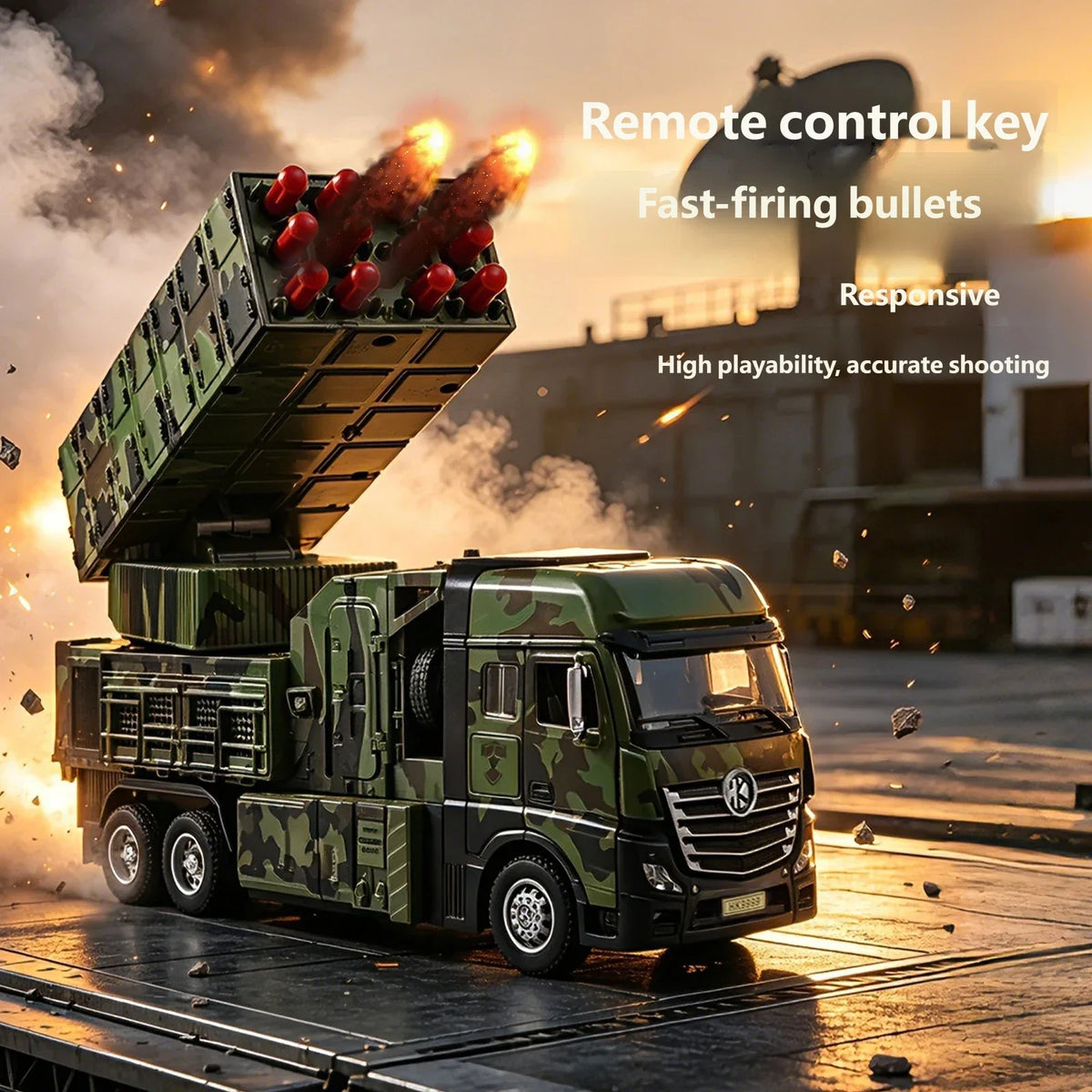 Alloy Remote Control Missile Launch Truck, 12 Shots Camo RC Car，Adjustable Turret, Rechargeable Vehicle Birthday Kids Gift