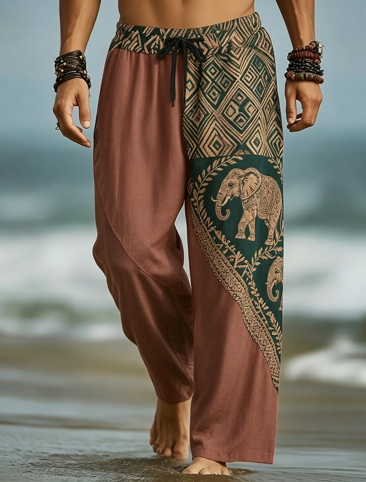 Men's Drawstring Waist Patchwork Tribal Geometric Print Long Pants, Relaxed Loose Fit For Spring Summer Beach Daily Wear