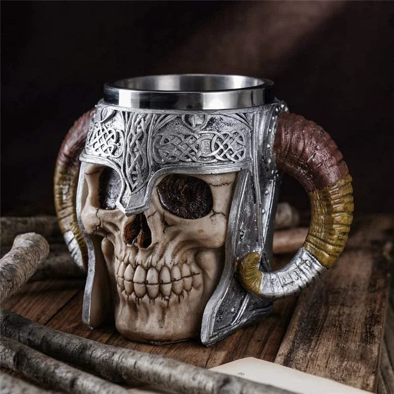 600ml Viking Skull Mug Stainless Steel Coffee Mugs Travel Cup Horn Drinking Tea Mug Halloween Decoration Ceramic Tiki Mug