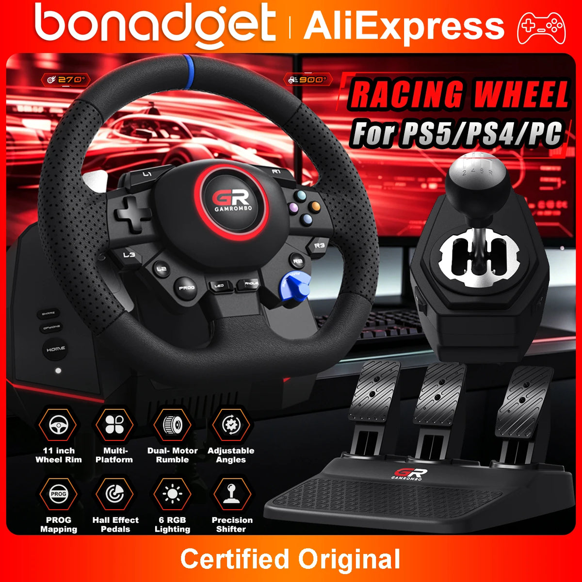 Game Steering Wheel For PS5/PS4/PC Leather 270°&900° Adjustment W/RGB Hall Effect Macro Linear 3Pedals Simulator Racing Wheels