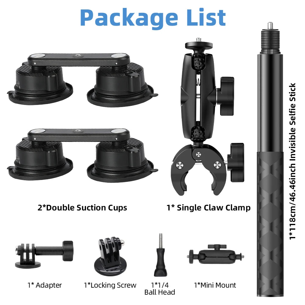Suction Car Mount for Insta360 X5,X4, X3, X2, One RS,R for GoPro Camera Suction Mount Kit for Action Cameras Selfie Stick