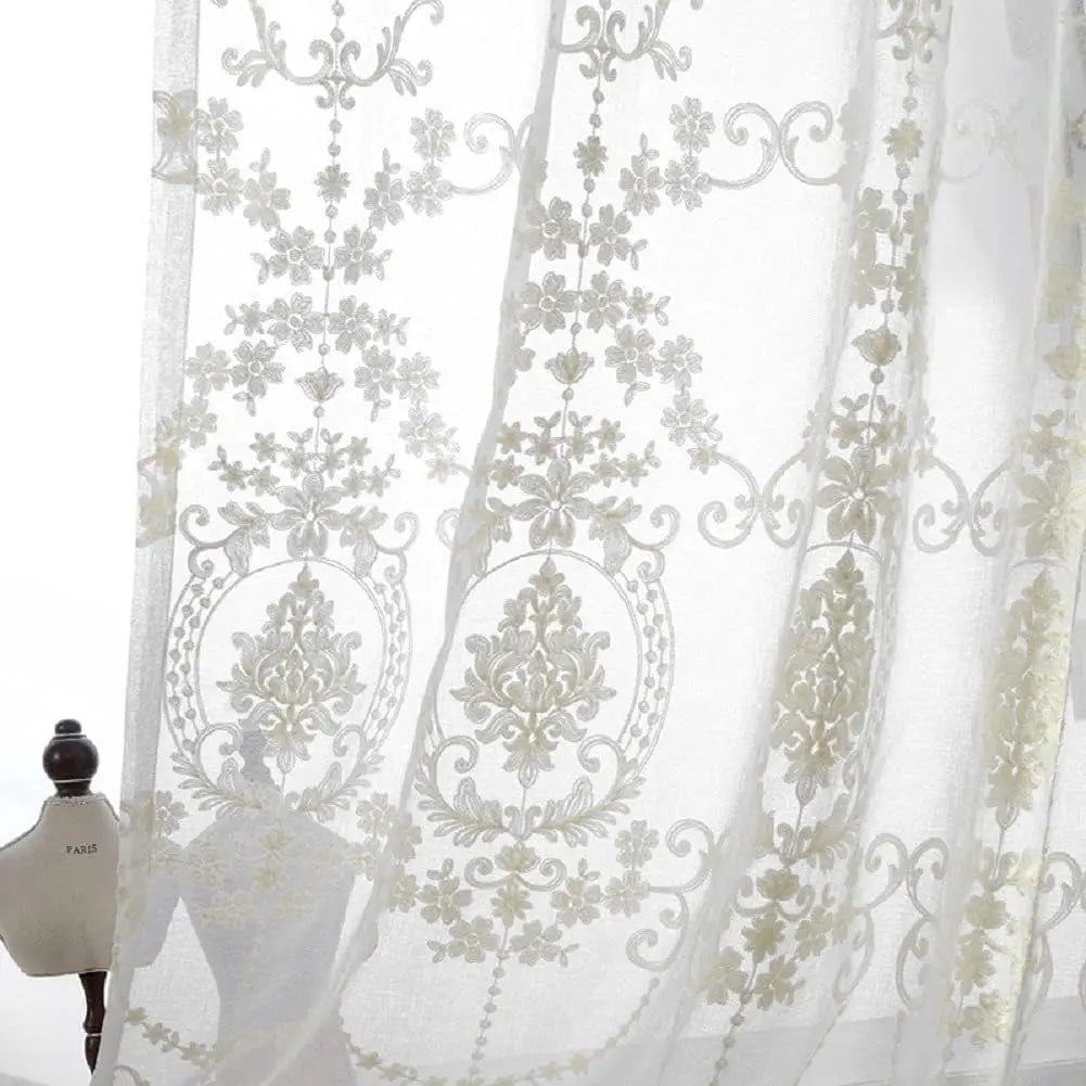 White European Sheer Voile Curtains Drapes Floral Embroidered Design Rod Pocket Top for Living Dining