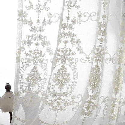 White European Sheer Voile Curtains Drapes Floral Embroidered Design Rod Pocket Top for Living Dining