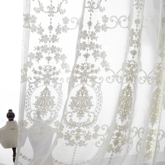 White European Sheer Voile Curtains Drapes Floral Embroidered Design Rod Pocket Top for Living Dining