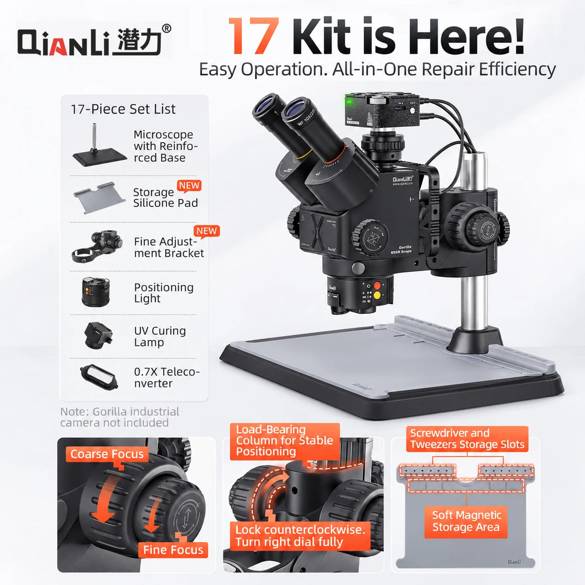 Qianli Gorilla 6558 Trinocular Microscope 6.5X-58X Zoom Industrial Thermal 4K Camera For Mobile Phones Motherboard Repair Tools