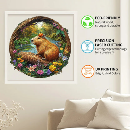 Wooden Jigsaw Puzzle - Capybara with Pumpkin Forest Animal Puzzle, Unique Irregular Shaped Pieces, 4-6 Hours Assembly, Eco-Frien