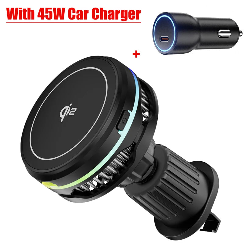 QI2 Ice Cooling Tempered Glass RGB Magnetic Wireless Car Charger Fast Charging Radiator For Magsafe iPhone 12-16 Phone Holder