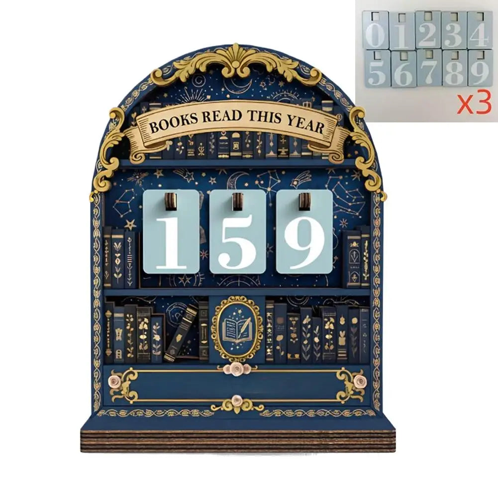 Wooden Book Reading Counter Vintage Year Tracker Multi-Purpose Bookshelf Ornament Home Office Gift for Reading Enthusiast