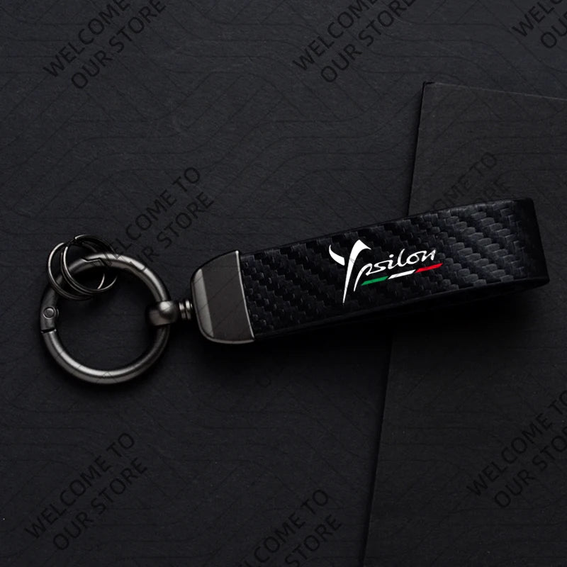 DELTA MUSA LANCIA Logo Car Carbon Fiber Leather Keychain
