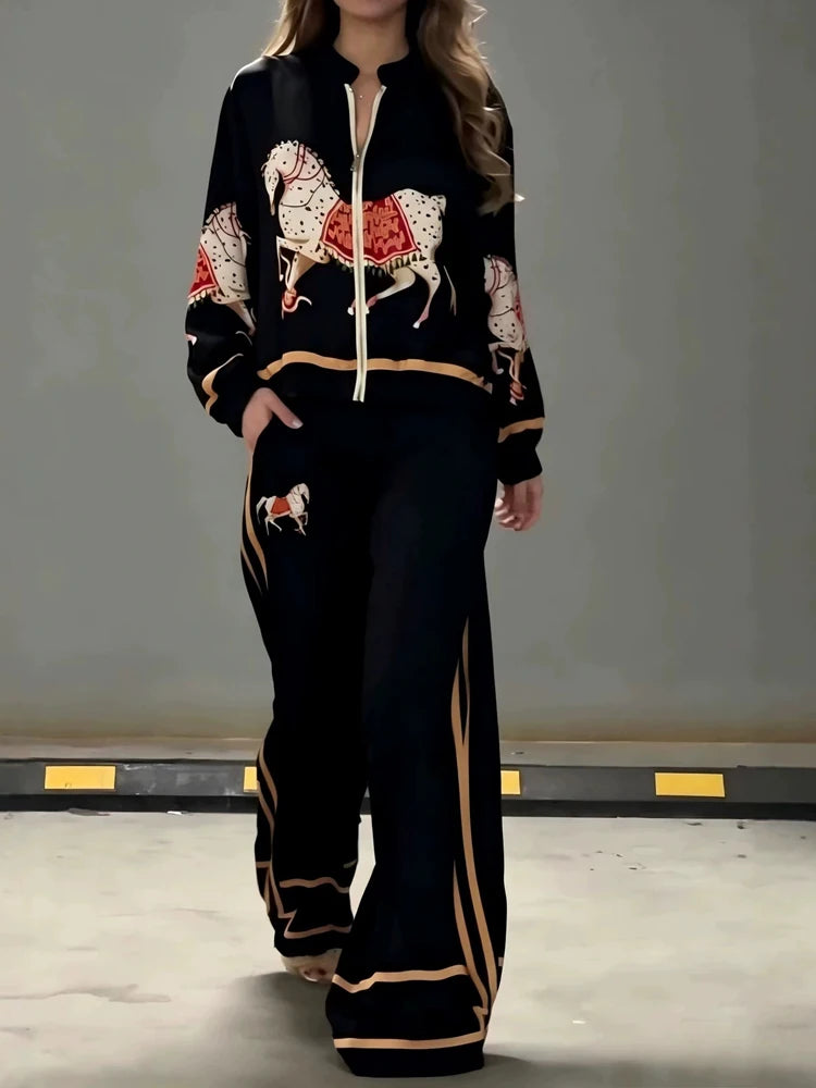 Women's Animal Print Two Piece Set Zip Up Long Sleeve Top High Waist Striped Wide Leg Pants Casual Autumn Ladies Tracksuit Set