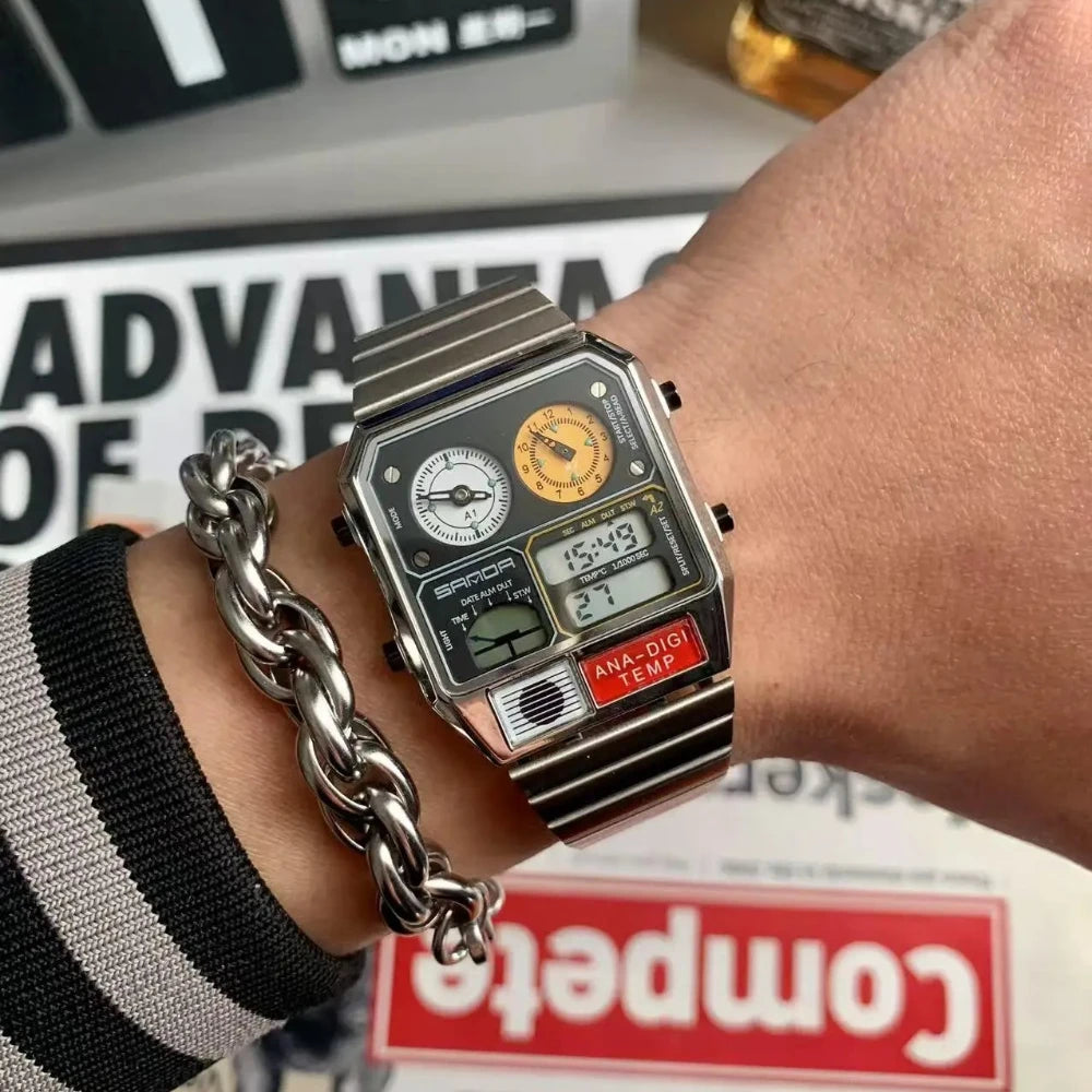 Ultra-thin Steel Alarm Electronic Multifunctional Retro Display Square quartz Watches Men's Outdoor Sports Clock Dual AAA Watch