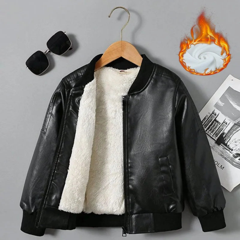 Kids PU Leather Jacket Boys Girls Plus Velvet Thick Warm Coat Autumn Winter Fashion Outerwear Children Casual Clothing 2-14Y