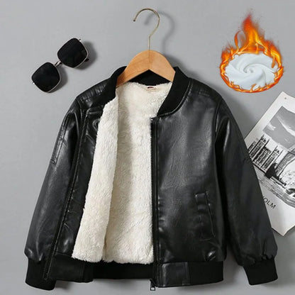 Kids PU Leather Jacket Boys Girls Plus Velvet Thick Warm Coat Autumn Winter Fashion Outerwear Children Casual Clothing 2-14Y