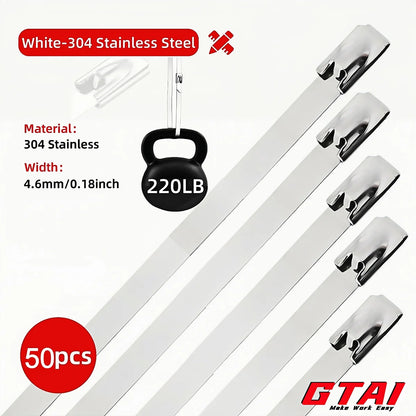 50pcs Metal Zip Ties, 304 Stainless Steel Heavy Duty Self-Locking Cable Ties, for Exhaust Wrap, Wire Fence Rolls, Farms, Pipes