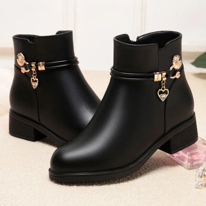 2025 Winter Soft Leather Furry Short Boots for Women - Chunky Heel Warm Cotton Shoes, Flat Black Leather Mom Shoes