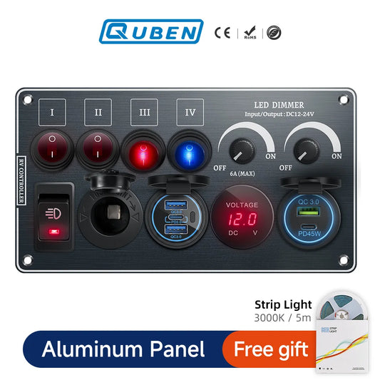 Toggle Switch Multi-Functions Aluminum Panel LED Dimmer Switch 12V 24V for RV Dual Port USB QC3.0  Cigarette Lighter