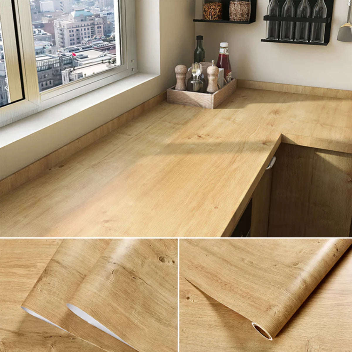 Adhesive Wallpaper Roll with 5Meters Waterproof Wood Grain Sticker Wardrobe Cabinet Desktop Door Furniture Renovation Stickers