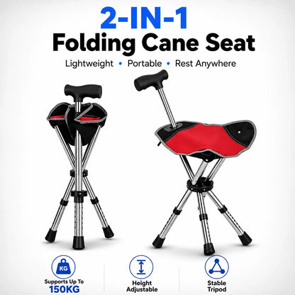 2-in-1 Folding Cane with Seat, Adjustable Walking Stick Chair for Seniors, Portable Non-Slip Cane Stool for Travel and Camping