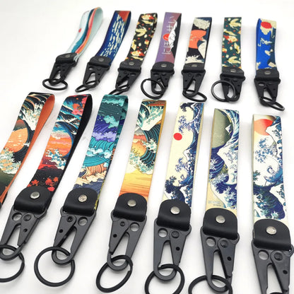 JDM Style Ukiyo-e Crane Keychain Racing Modified Nylon Motorcycle Keyring Auto Key Holder Accessories