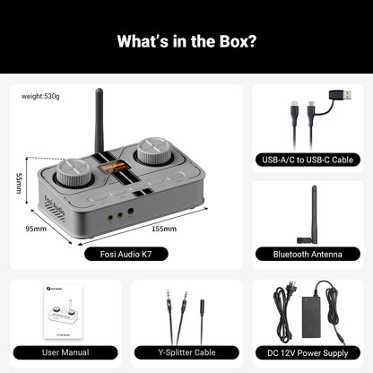 Fosi Audio K7 Bluetooth Gaming Headphone Amplifier Planar Headphone HiFi DAC AMP Mic Input USB Gaming DAC for PS5 PC Switch
