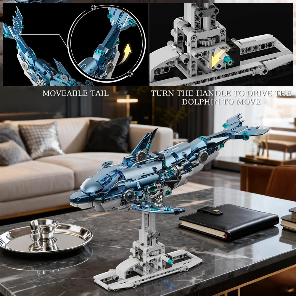 [888pcs] mechanical dolphin building block model, 14+, collector-grade desktop ornament