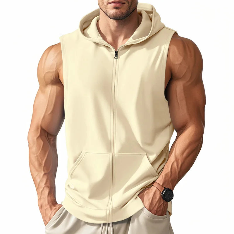 Summer New Hooded Vest Men's Sports Fitness Training Zipper Cardigan Sleeveless Vest Sleeveless Downjacket Blouson Homme Hiver